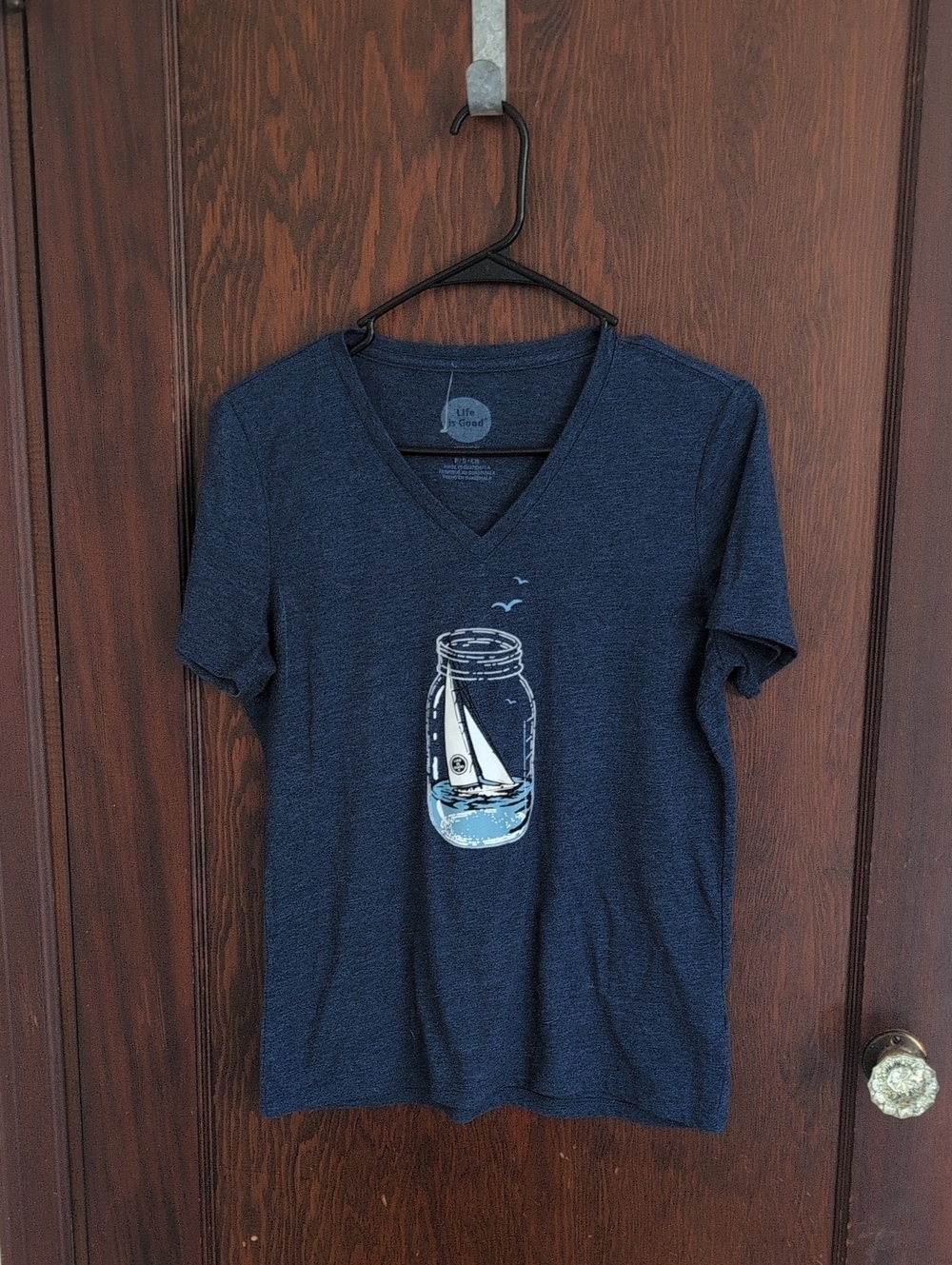 Life Is Good Navy V-Neck Tee with Sailboat Mason Jar Graphic